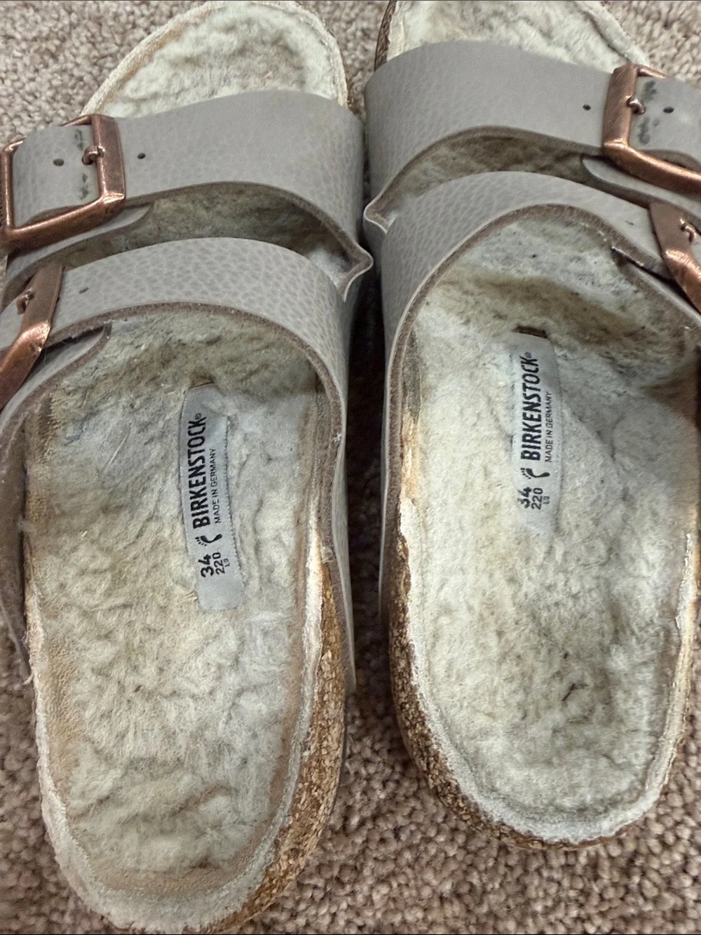Birkenstock Taupe Double-Buckle Shearling Slide Sandals